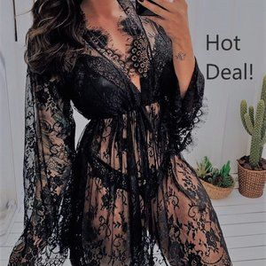 Black Lace Robe with Bra and Panty Size M